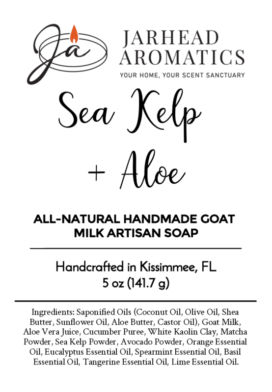 Jarhead Aromatics Sea Kelp + Aloe Handmade Artisan Soap โ All Natural. Includes ingredient list, 5 oz weight, and proudly handcrafted in Kissimmee, FL with fresh goat milk.