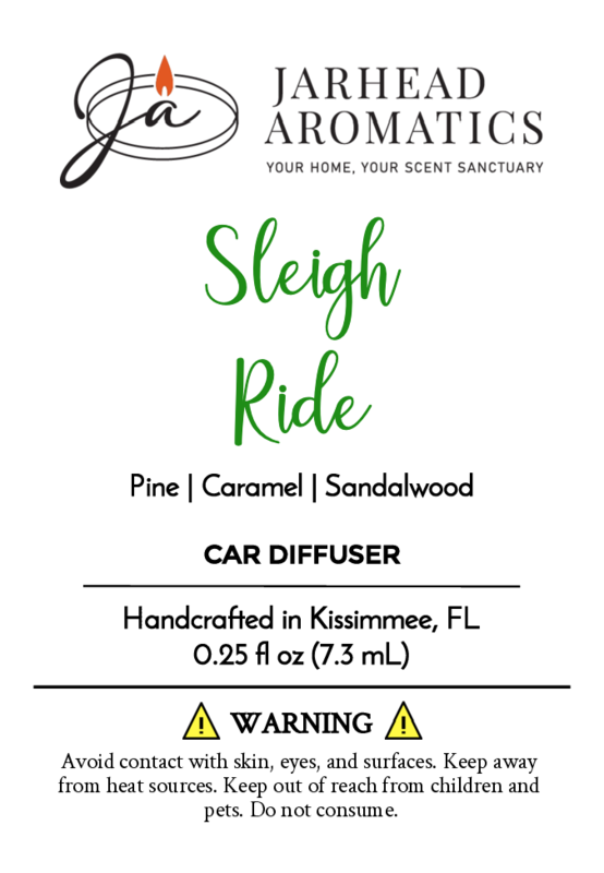 Jarhead Aromatics Sleigh Ride Car Diffuser combines holiday scents of Pine, Caramel, and Sandalwood. Handcrafted in Kissimmee, FL. Warning: avoid skin contact; keep away from children and pets.