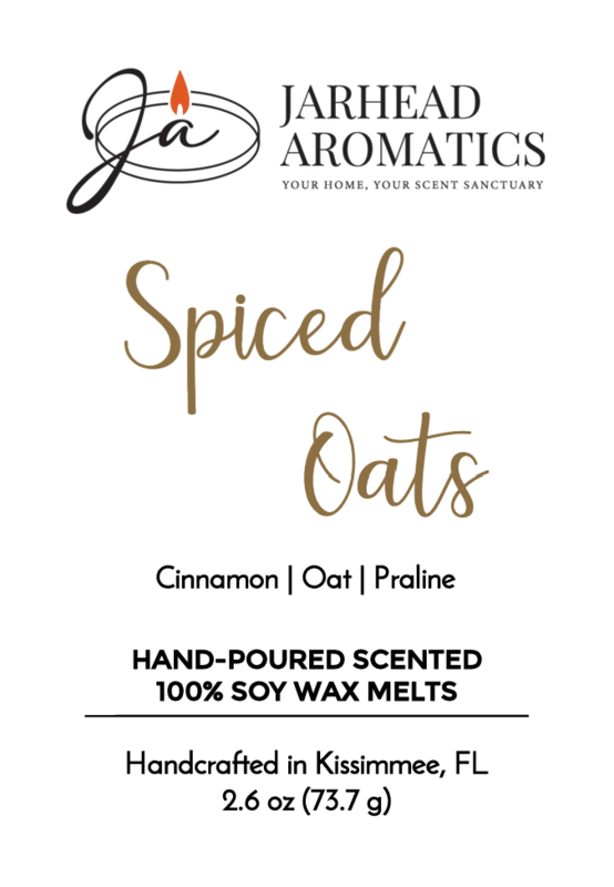 Label for Jarhead Aromatics Spiced Oats - Soy Wax Melt: A gourmand scent with cinnamon, oat, and praline notes. Infused with essential oils and Colombian oat milk, these hand-poured melts from Kissimmee, FL are made of 100% soy wax. Weight: 2.6 oz (73.7 g).