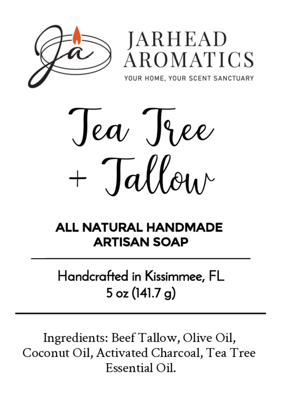 Tea Tree + Tallow Handmade Artisan Soap by Jarhead Aromatics: All natural 5 oz bar with beef tallow, olive oil, coconut oil, activated charcoal & tea tree oil. Crafted in Kissimmee, FL.
