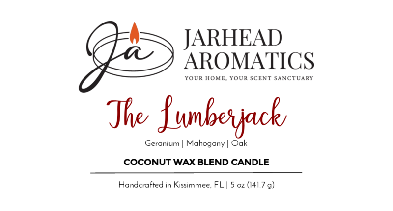 Jarhead Aromatics The Lumberjack - Coconut Wax Blend Candle, handcrafted in Kissimmee, FL, features a rich mahogany scent with geranium and oak. Includes brand logo and product details.