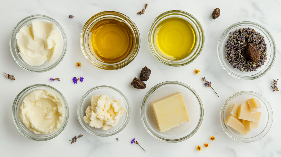 Glass bowls with natural soap ingredients like shea butter, oils, cocoa butter, and dried lavender on marble
