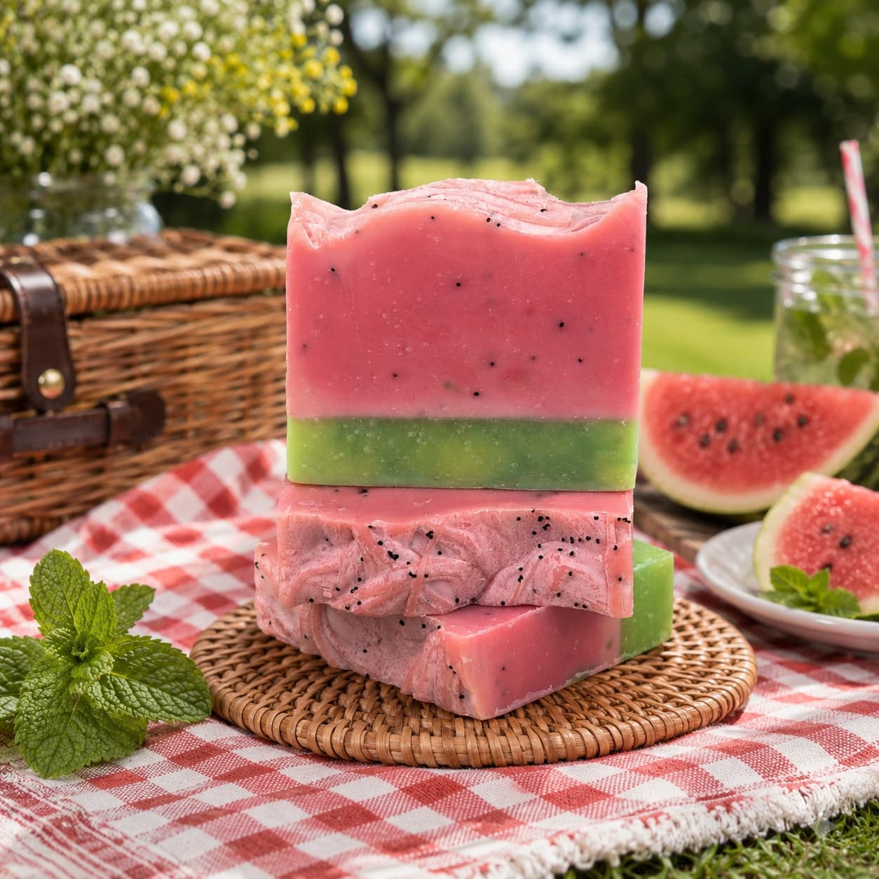 A bar of watermelon-themed soap with pink, white, and green layers sits in a small white bathtub soap dish, with leafy plants and flowers in the background.