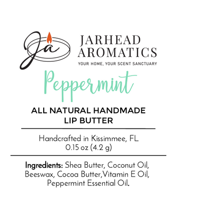 Lip Butter - All Natural by Jarhead Aromatics: handcrafted in Kissimmee, FL, 0.15 oz, made with shea butter, coconut oil, beeswax, cocoa butter, vitamin E & peppermint essential oil. Cruelty-free.