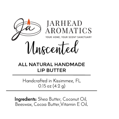 An image of Jarhead Aromatics Lip Butter - All Natural, handcrafted in Kissimmee, FL. Made with shea butter, coconut oil, beeswax, cocoa butter & vitamin E oil—always cruelty-free.