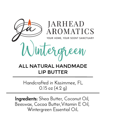 Jarhead Aromatics Lip Butter - All Natural features a cruelty-free formula with shea butter, coconut oil, beeswax, cocoa butter, vitamin E oil, and wintergreen essential oil.