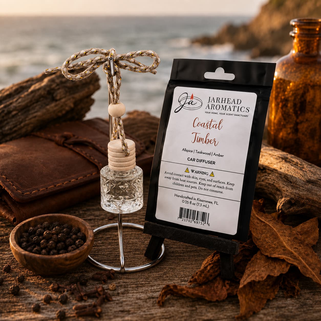 Coastal Timber Car Diffuser | Teakwood, Leather & Warm Amber
