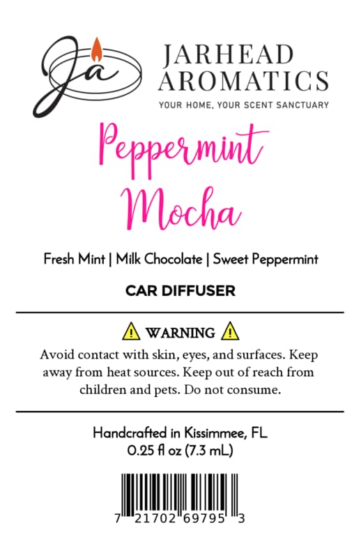 Product label for a Jarhead Aromatics Peppermint Mocha Car Diffuser listing scent notes of fresh mint, milk chocolate, and sweet peppermint, alongside safety warnings and usage information for this holiday car fragrance.