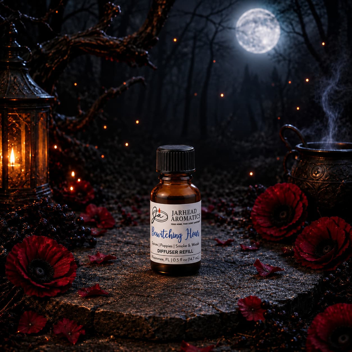 A bottle of Bewitching Hour Cold Air Diffuser Refill by Jarhead Aromatics, with its exotic spices, dark florals, and smoky woods scent, rests on the ground amidst red flowers, surrounded by a lantern and cauldron under the glow of a full moon in a shadowy, mystical forest—perfect for infusing your space with an enchanting touch of gothic home fragrance.