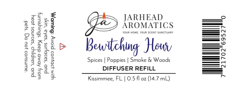 Jarhead Aromatics Bewitching Hour Cold Air Diffuser Refill Exotic spices, dark florals, and smoky woods evoke a gothic home fragrance with notes of spice, poppy, smoke, and wood. Warning: Avoid contact with skin and eyes. Keep out of reach of children and pets. Do not ingest.