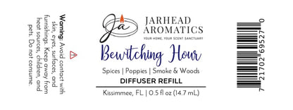 Jarhead Aromatics Bewitching Hour Cold Air Diffuser Refill Exotic spices, dark florals, and smoky woods evoke a gothic home fragrance with notes of spice, poppy, smoke, and wood. Warning: Avoid contact with skin and eyes. Keep out of reach of children and pets. Do not ingest.