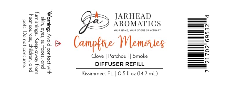 Label for Jarhead Aromatics Campfire Memories Cold Air Diffuser Refill | Maple, Clove & Smoky Embers, a home fragrance oil with notes of maple, clove, and smoky embers; 0.5 fl oz (14.7 mL). Warning: avoid contact. Barcode on right; Kissimmee, FL location. Perfect for any cold air diffuser.