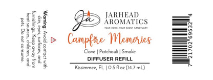 Label for Jarhead Aromatics Campfire Memories Cold Air Diffuser Refill | Maple, Clove & Smoky Embers, a home fragrance oil with notes of maple, clove, and smoky embers; 0.5 fl oz (14.7 mL). Warning: avoid contact. Barcode on right; Kissimmee, FL location. Perfect for any cold air diffuser.