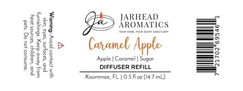 Jarhead Aromatics Caramel Apple Cold Air Diffuser Refill | Crisp Apple, Rich Caramel & Warm Spice — a home fragrance oil featuring notes of apple, caramel, and warm spice. Compatible with any cold air diffuser. Includes safety warning, barcode, and net contents (0.5 fl oz/14.7 mL). Made in Kissimmee, FL.