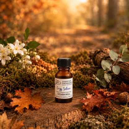 A small bottle of Jarhead Aromatics Cozy Solace Cold Air Diffuser Refill—featuring fresh greens, jasmine, and oak moss—rests on a bed of moss surrounded by autumn leaves, flowers, and a fallen log in a sun-dappled forest setting, evoking the essence of an autumn woodland for your home fragrance needs.