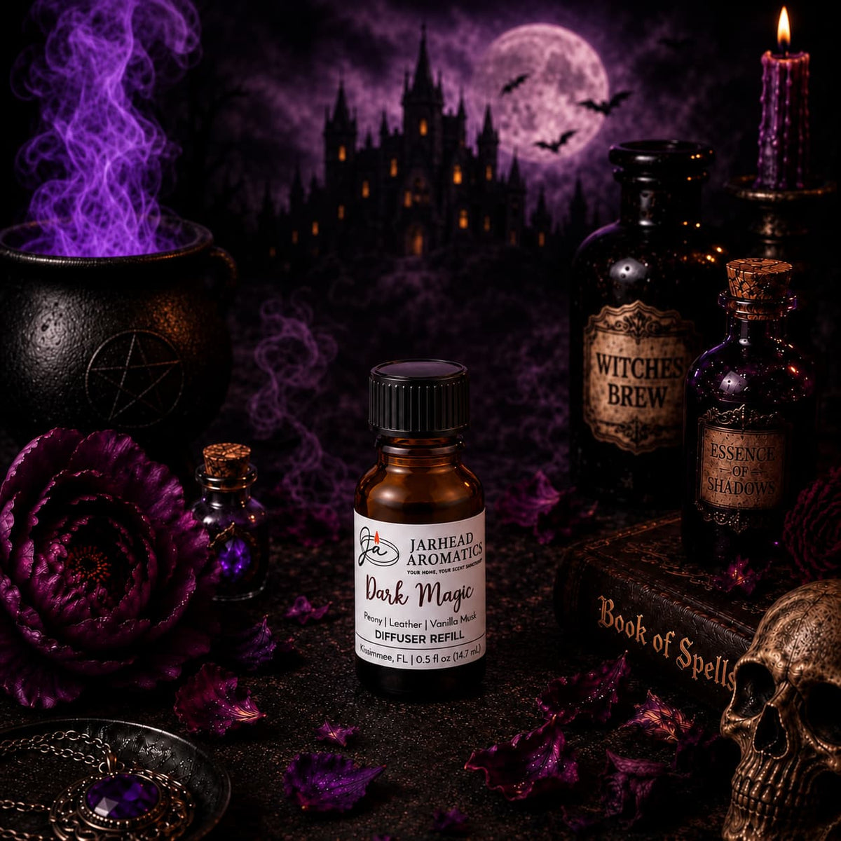 A bottle of Jarhead Aromatics Dark Magic Cold Air Diffuser Refill, infused with notes of peach, plum, dark florals, and vanilla musk, rests among purple flowers, skulls, potions, and a spellbook. Enhanced by the enchanting scent of home fragrance oil, the scene is illuminated by a glowing cauldron and framed by a gothic castle beneath an eerie purple-lit sky—bats soaring past a full moon—perfect for lovers of gothic romance.