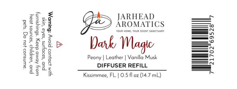 Jarhead Aromatics Dark Magic Cold Air Diffuser Refill Scent Notes: Peach, Plum, Dark Florals & Vanilla Musk Infused with a gothic romance allure, this home fragrance oil blend transforms any space with its captivating aroma. Suitable for cold air diffuser devices. Warning: For external use only. Keep out of reach of children and pets. Avoid contact with eyes and skin. If irritation occurs, discontinue use immediately. Black and red text on white background.