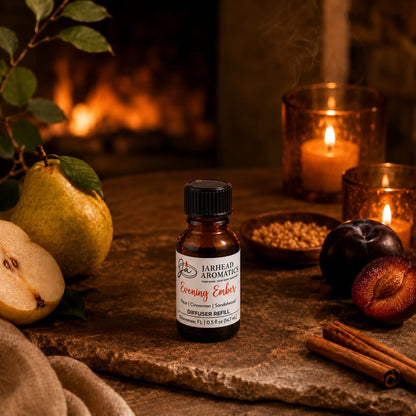A bottle of Jarhead Aromatics Evening Ember Cold Air Diffuser Refill, featuring notes of plum, sandalwood, and soft smoke, rests on a rustic table surrounded by pears, plums, cinnamon sticks, tealight candles, and a glowing fireplace in the background—evoking a warm and cozy ambiance.