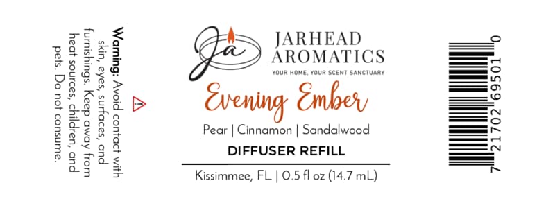 Jarhead Aromatics diffuser refill label reads: Evening Ember Cold Air Diffuser Refill | Plum, Sandalwood & Soft Smoke; perfect for use as a cold air diffuser refill to meet your home fragrance oil needs. Includes warning text, barcode, and product information.