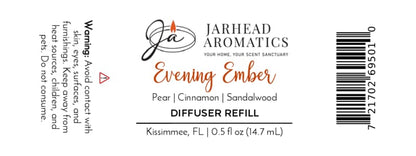 Jarhead Aromatics diffuser refill label reads: Evening Ember Cold Air Diffuser Refill | Plum, Sandalwood & Soft Smoke; perfect for use as a cold air diffuser refill to meet your home fragrance oil needs. Includes warning text, barcode, and product information.