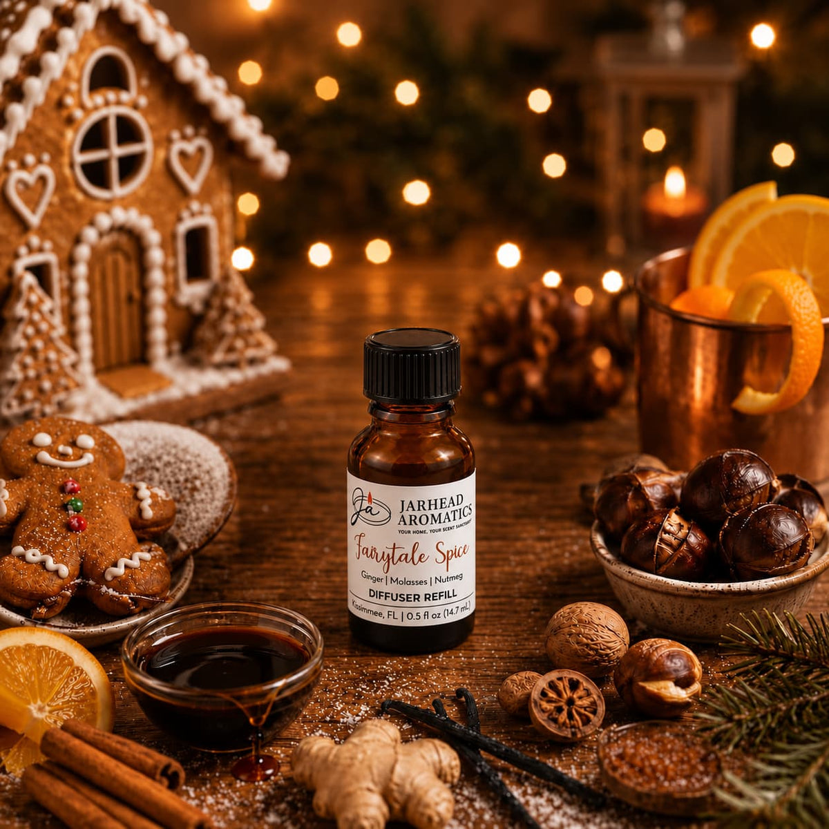 A bottle of Jarhead Aromatics Fairytale Spice Cold Air Diffuser Refill—featuring notes of gingerbread, molasses, and warm spice—rests atop a wooden table surrounded by gingerbread, chestnuts, oranges, festive spices, syrup, and a charming gingerbread house in the background. Soft holiday lights illuminate the scene, making it the perfect backdrop for filling your home with this comforting holiday fragrance oil.
