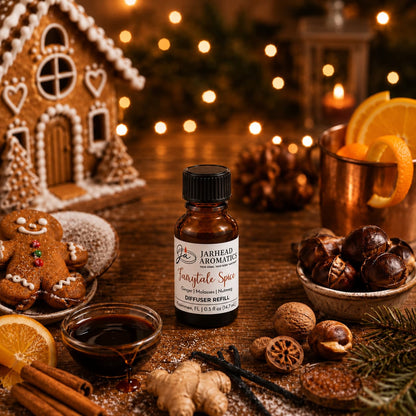 A bottle of Jarhead Aromatics Fairytale Spice Cold Air Diffuser Refill—featuring notes of gingerbread, molasses, and warm spice—rests atop a wooden table surrounded by gingerbread, chestnuts, oranges, festive spices, syrup, and a charming gingerbread house in the background. Soft holiday lights illuminate the scene, making it the perfect backdrop for filling your home with this comforting holiday fragrance oil.