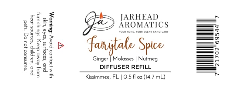 A Jarhead Aromatics Fairytale Spice Cold Air Diffuser Refill label, highlighting notes of gingerbread, molasses, and warm spice, evokes the cozy aroma of a holiday home scent. The warning advises to avoid contact with skin and eyes, and to keep out of reach of children and pets.
