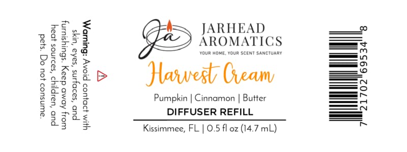 Jarhead Aromatics Harvest Cream Cold Air Diffuser Refill label features a cozy blend of pumpkin spice, brown sugar, and vanilla cream fragrance oil. Perfect as a cold air diffuser refill or autumn-inspired diffuser scent. Warning: avoid contact with skin, eyes, and furnishings. Barcode located on right side. Net contents: 0.5 fl oz (14.7 mL). Kissimmee, FL.
