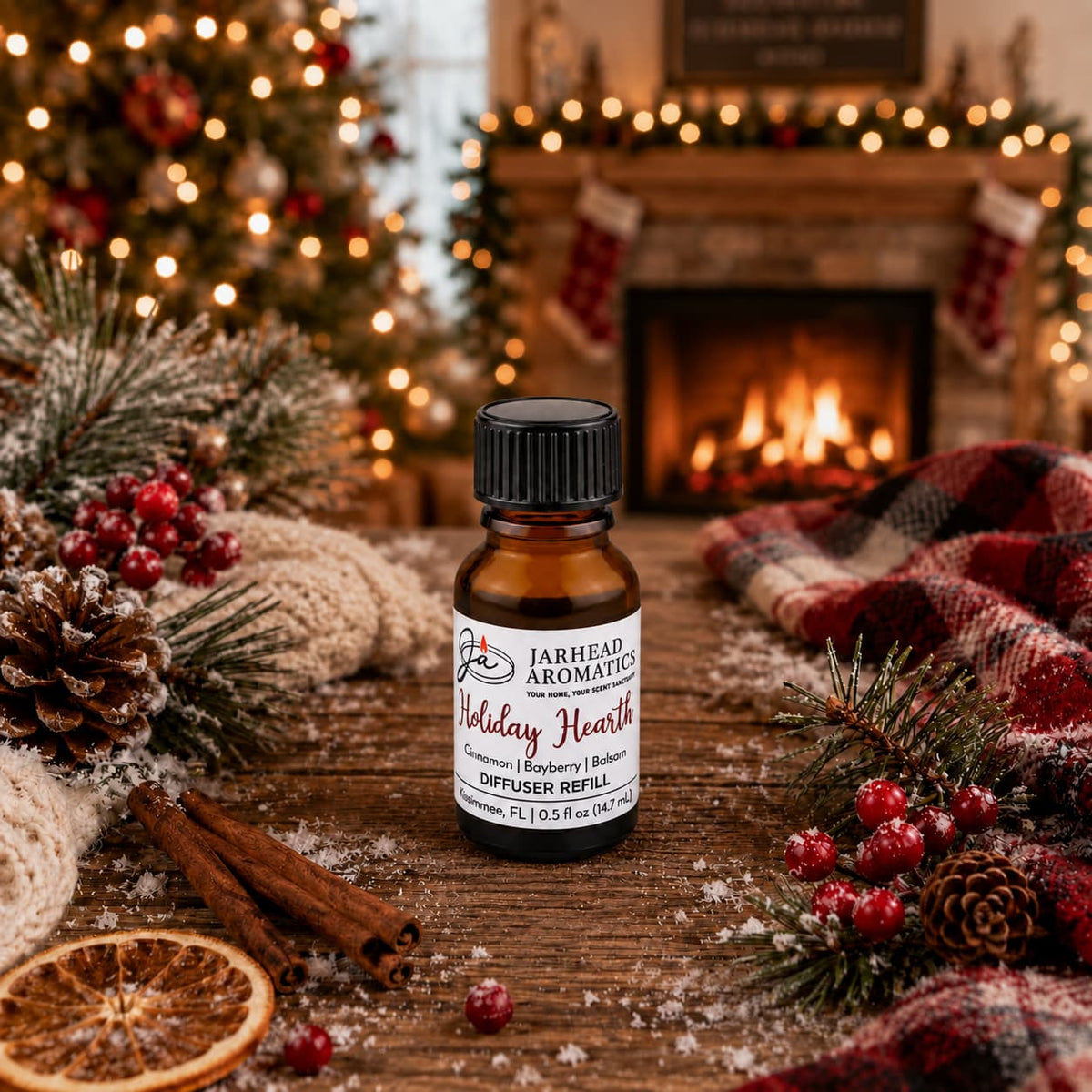A small bottle of Jarhead Aromatics Holiday Hearth Cold Air Diffuser Refill surrounded by pine branches, cinnamon sticks, and dried orange slices on a wooden table with a fireplace in the background.