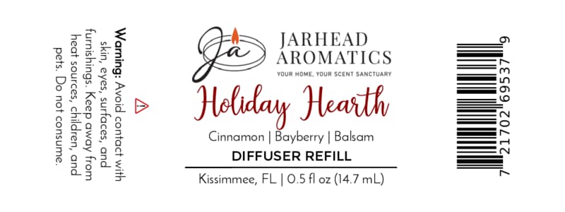 Product label for a Holiday Hearth Cold Air Diffuser Refill | Cinnamon Clove, Bayberry & Balsam, featuring safety warnings and a barcode.