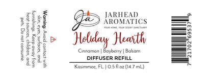 Product label for a Holiday Hearth Cold Air Diffuser Refill | Cinnamon Clove, Bayberry & Balsam, featuring safety warnings and a barcode.