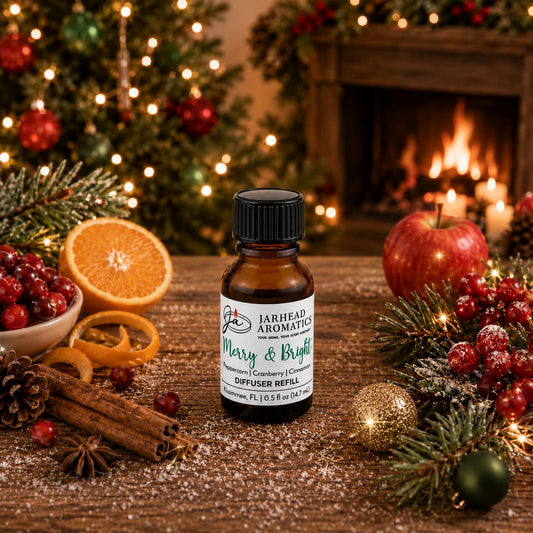 A bottle of Merry & Bright Cold Air Diffuser Refill | Citrus Cranberry, Warm Spice & Fir by Jarhead Aromatics surrounded by holiday spices, cranberries, orange slices, cinnamon sticks, and pine branches.