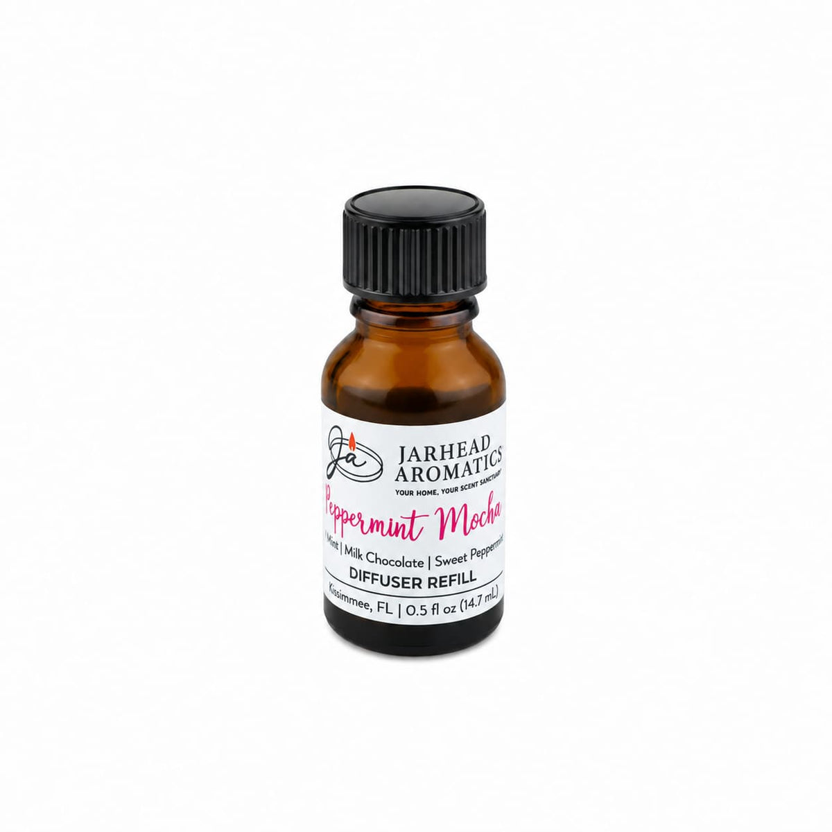 Small amber glass bottle with a black cap and a label that reads Peppermint Mocha Cold Air Diffuser Refill | Chocolate Mint & Vanilla, offering a festive chocolate mint fragrance.