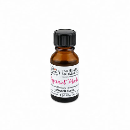 Small amber glass bottle with a black cap and a label that reads Peppermint Mocha Cold Air Diffuser Refill | Chocolate Mint & Vanilla, offering a festive chocolate mint fragrance.