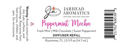 Product label for a Jarhead Aromatics Peppermint Mocha Cold Air Diffuser Refill | Chocolate Mint & Vanilla featuring scent notes of fresh mint, milk chocolate, and sweet peppermint, safety warnings, a barcode, and fragrance details.