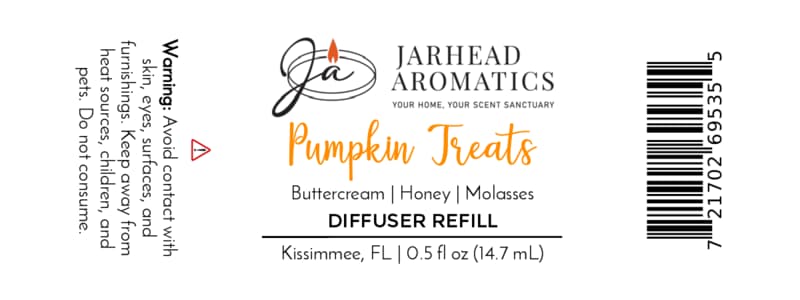 The Jarhead Aromatics Pumpkin Treats Cold Air Diffuser Refill | Pumpkin, Caramel & Maple Pecan label features an inviting autumn scent. Key product details include a warning, ingredients (buttercream, honey, molasses), volume of 0.5 fl oz, and location in Kissimmee, FL. Enhance your space with this home fragrance oil to create a cozy seasonal atmosphere.