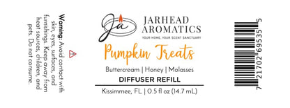 The Jarhead Aromatics Pumpkin Treats Cold Air Diffuser Refill | Pumpkin, Caramel & Maple Pecan label features an inviting autumn scent. Key product details include a warning, ingredients (buttercream, honey, molasses), volume of 0.5 fl oz, and location in Kissimmee, FL. Enhance your space with this home fragrance oil to create a cozy seasonal atmosphere.