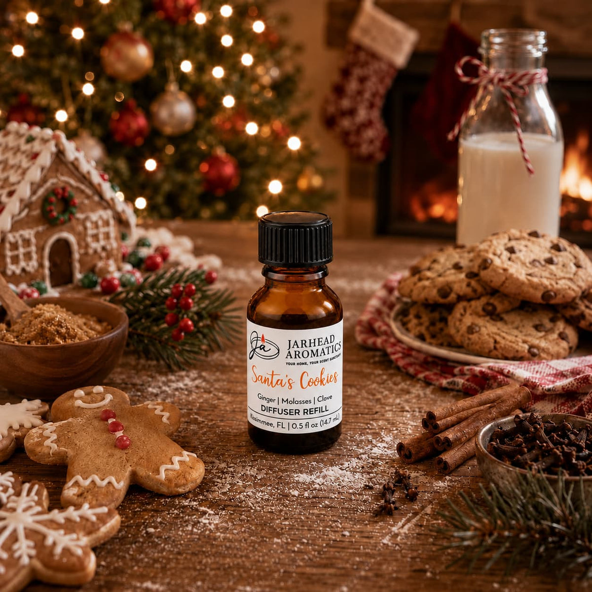 A small brown glass bottle of Santa’s Cookies Cold Air Diffuser Refill by Jarhead Aromatics sits on a wooden table surrounded by gingerbread cookies, a plate of chocolate chip cookies, a glass of milk, and festive holiday decor.