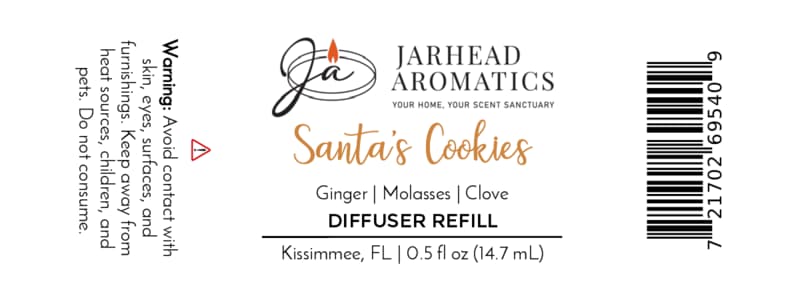 Product label for a Jarhead Aromatics Santa’s Cookies Cold Air Diffuser Refill with scent notes of ginger, brown sugar, molasses, and vanilla, including safety warnings for children and pets and a barcode on the right.