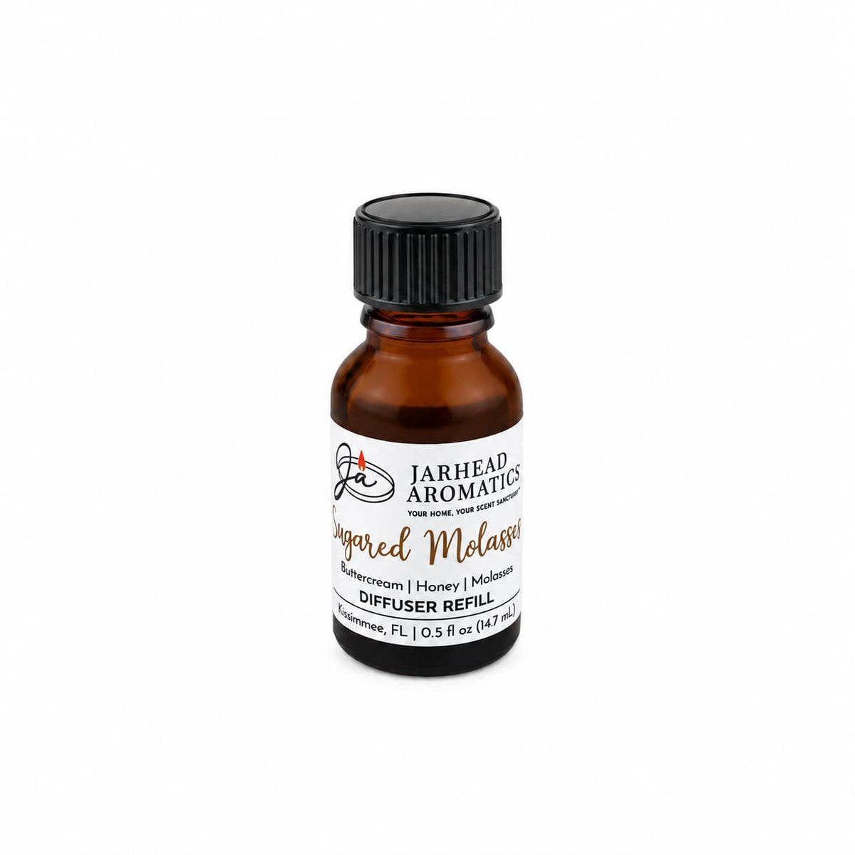 A small amber glass bottle labeled Jarhead Aromatics Sugared Molasses Cold Air Diffuser Refill | Buttercream, Honey & Dark Molasses, featuring a black screw cap. The label highlights notes of beeswax, honey, and molasses and indicates 0.5 fl oz (14.7 ml). This delightful home fragrance oil offers a rich gourmand scent that’s perfect for enhancing any space.