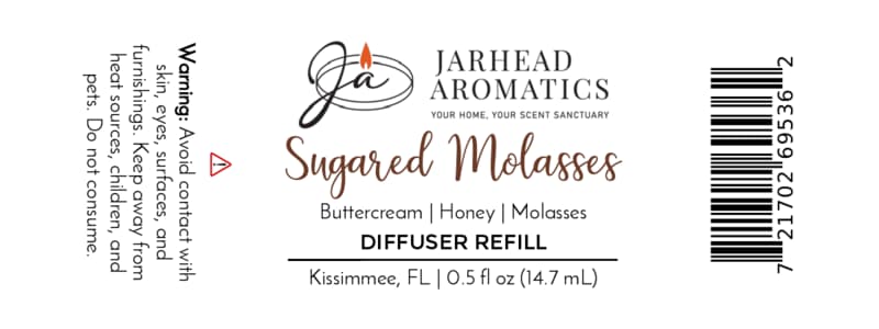 Jarhead Aromatics Sugared Molasses Cold Air Diffuser Refill label, showcasing a rich blend of dark molasses with notes of buttercream and honey. Ideal for use as a home fragrance oil or cold air diffuser refill, this product features safety warnings and comes in a 0.5 fl oz (14.7 ml) bottle. Black and brown text printed on a white background.