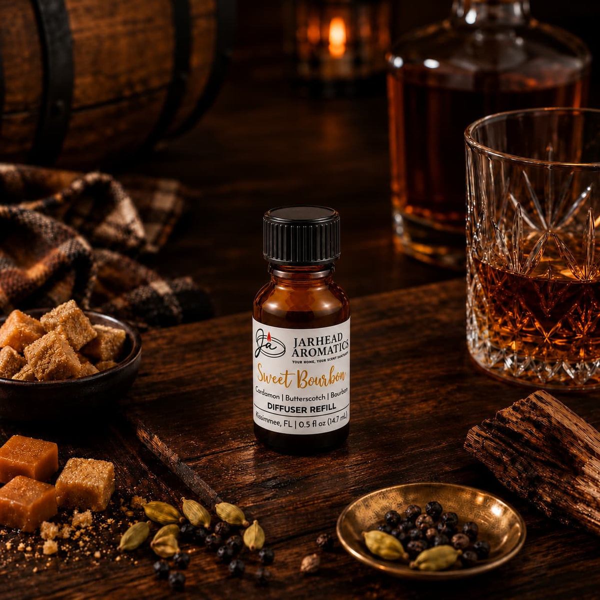 A bottle of Jarhead Aromatics Sweet Bourbon Cold Air Diffuser Refill, featuring notes of bourbon, butterscotch, and brown sugar, rests on a wooden table alongside a whiskey glass, brown sugar cubes, a decanter, spices, and a plaid cloth—creating a cozy atmosphere that perfectly embodies the inviting essence of this home fragrance oil.
