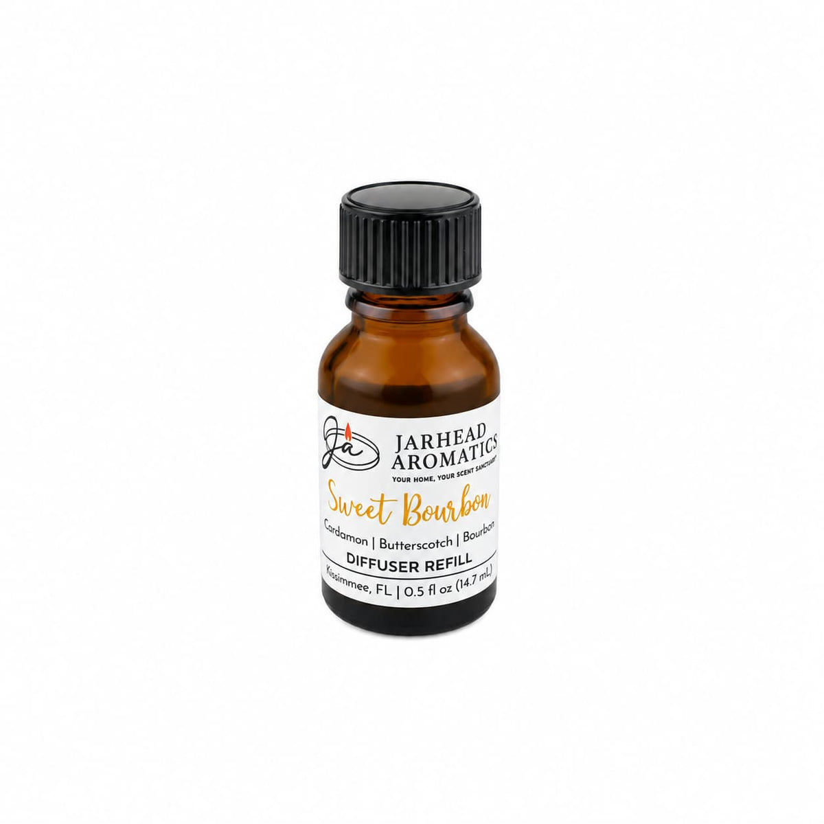 A small amber glass bottle labeled Jarhead Aromatics Sweet Bourbon Cold Air Diffuser Refill | Bourbon, Butterscotch & Brown Sugar rests on a white background—an ideal home fragrance oil featuring rich notes of bourbon, butterscotch, and brown sugar for use in your favorite cold air diffuser.