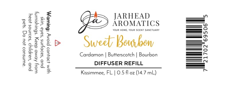 The Jarhead Aromatics Sweet Bourbon Cold Air Diffuser Refill label showcases warm notes of bourbon, butterscotch, and brown sugar; 0.5 fl oz—perfect for use as a home fragrance oil in your favorite cold air diffuser. Warning: Avoid contact with skin and eyes, and keep out of reach of children and pets. Handcrafted in Kissimmee, FL.