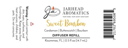 The Jarhead Aromatics Sweet Bourbon Cold Air Diffuser Refill label showcases warm notes of bourbon, butterscotch, and brown sugar; 0.5 fl oz—perfect for use as a home fragrance oil in your favorite cold air diffuser. Warning: Avoid contact with skin and eyes, and keep out of reach of children and pets. Handcrafted in Kissimmee, FL.