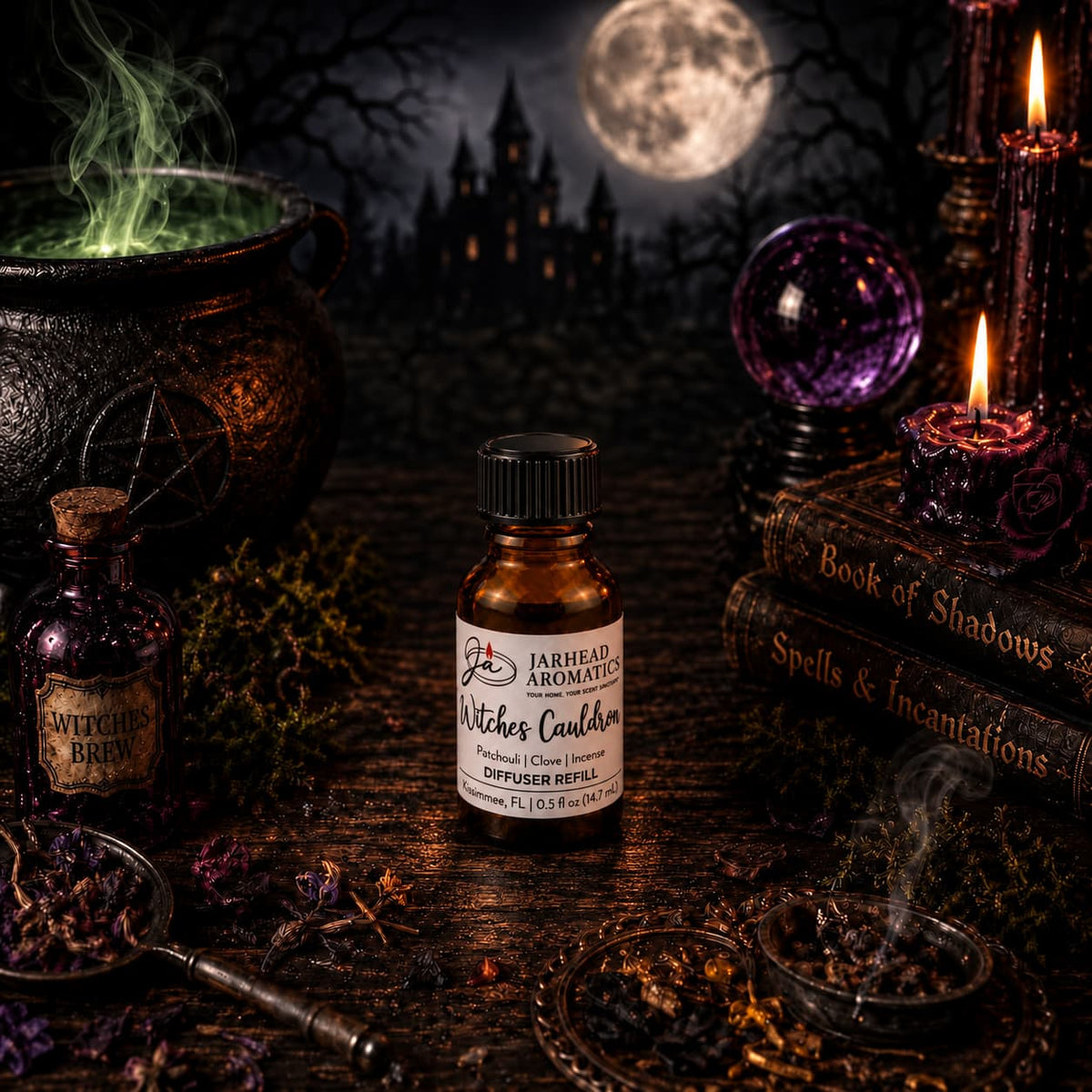 A spooky scene featuring the Jarhead Aromatics Witches Cauldron Cold Air Diffuser Refill in Orange Blossom, Patchouli & Dark Incense, surrounded by potion bottles, spell books, a bubbling cauldron, candlelight, herbs, and a full moon illuminating a dark castle in the background.
