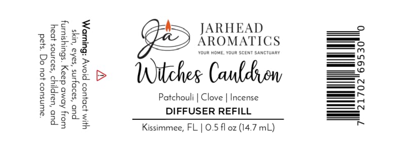 A Jarhead Aromatics Witches Cauldron Cold Air Diffuser Refill label showcasing safety warnings, scent notes of orange blossom, patchouli, and dark incense, a 0.5 fl oz size, and barcode—ideal for introducing an enchanting Halloween atmosphere to your home with this premium fragrance oil.