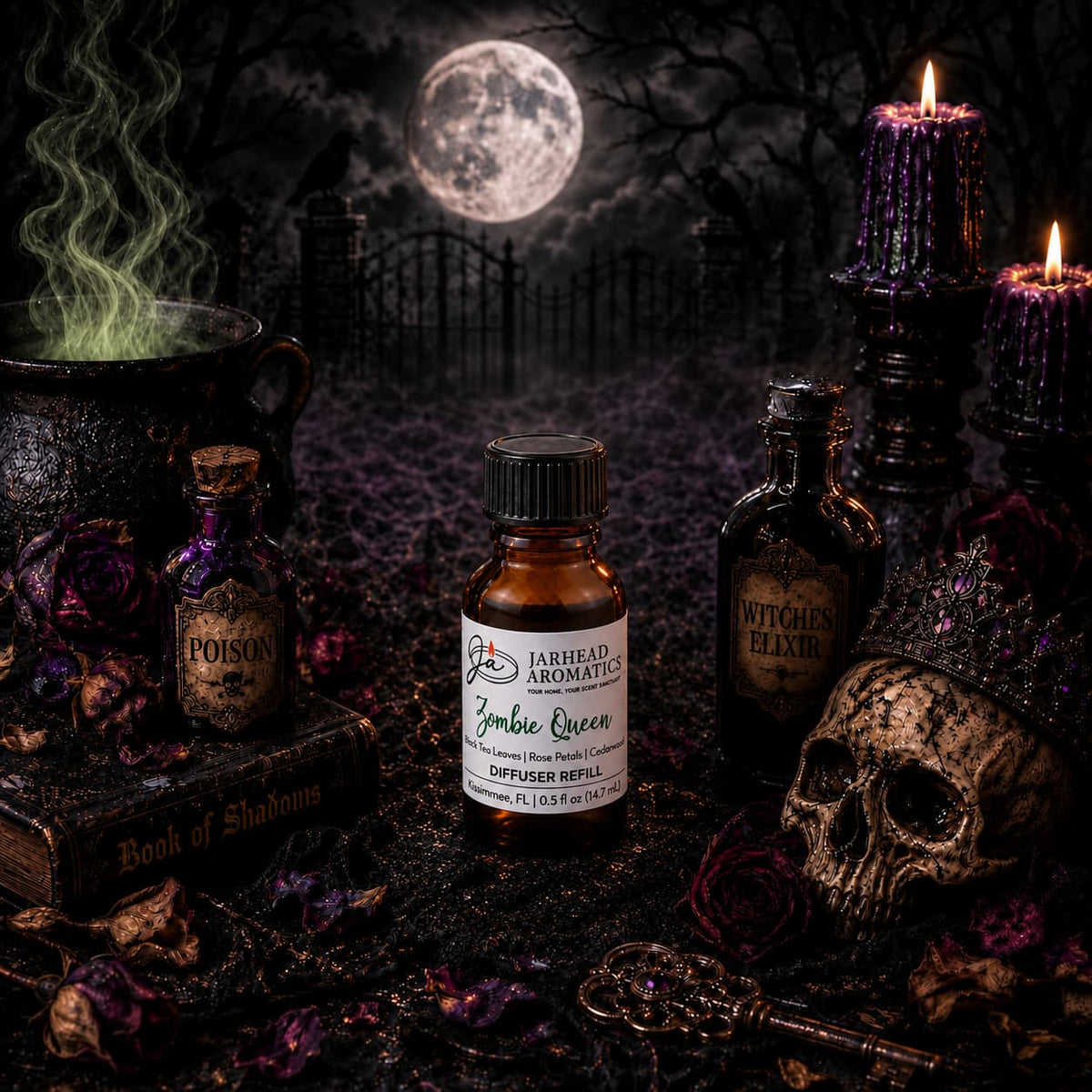 A hauntingly gothic scene unfolds with potion bottles, a skull, melted candles, wilted roses, a mystical cauldron, and a full moon illuminating the backdrop. At the heart of this macabre tableau stands the Zombie Queen Cold Air Diffuser Refill from Jarhead Aromatics—its intoxicating blend of black tea, rose petals & cedarwood filling the air—surrounded by mysterious Poison and Witch’s Elixir bottles.