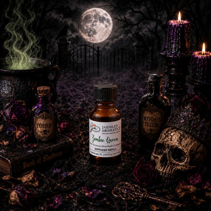 A hauntingly gothic scene unfolds with potion bottles, a skull, melted candles, wilted roses, a mystical cauldron, and a full moon illuminating the backdrop. At the heart of this macabre tableau stands the Zombie Queen Cold Air Diffuser Refill from Jarhead Aromatics—its intoxicating blend of black tea, rose petals & cedarwood filling the air—surrounded by mysterious Poison and Witch’s Elixir bottles.