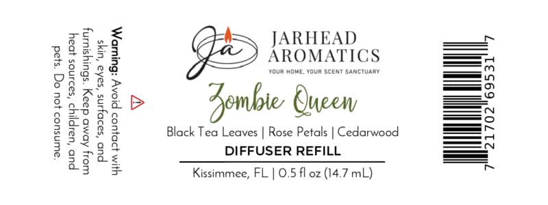 Label for Jarhead Aromatics Zombie Queen Cold Air Diffuser Refill—a gothic home fragrance with notes of black tea, rose petals, and cedarwood. This Halloween-inspired fragrance oil includes usage warnings and company contact information.